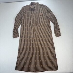 VTG SOO YUNG LEE Dress‎ Sz 10 100 % Silk Brown Black Stripe Long Sleeve Shirt